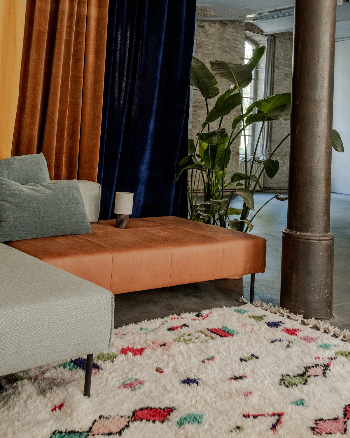 Modern, designer, handcrafted Berber rug from Morocco. Beniourain carpet with beautiful colours and patterns and fluffy wool texture.